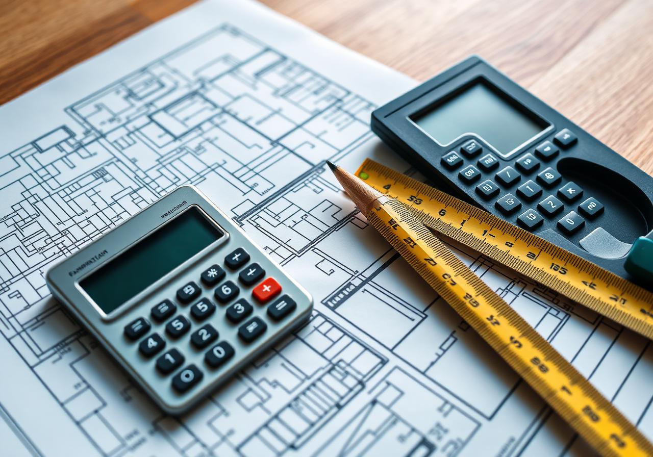 Blueprint with calculator and scale ruler